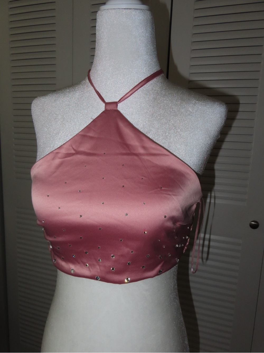 Pink Satin Halter Crop Top with Rhinestones